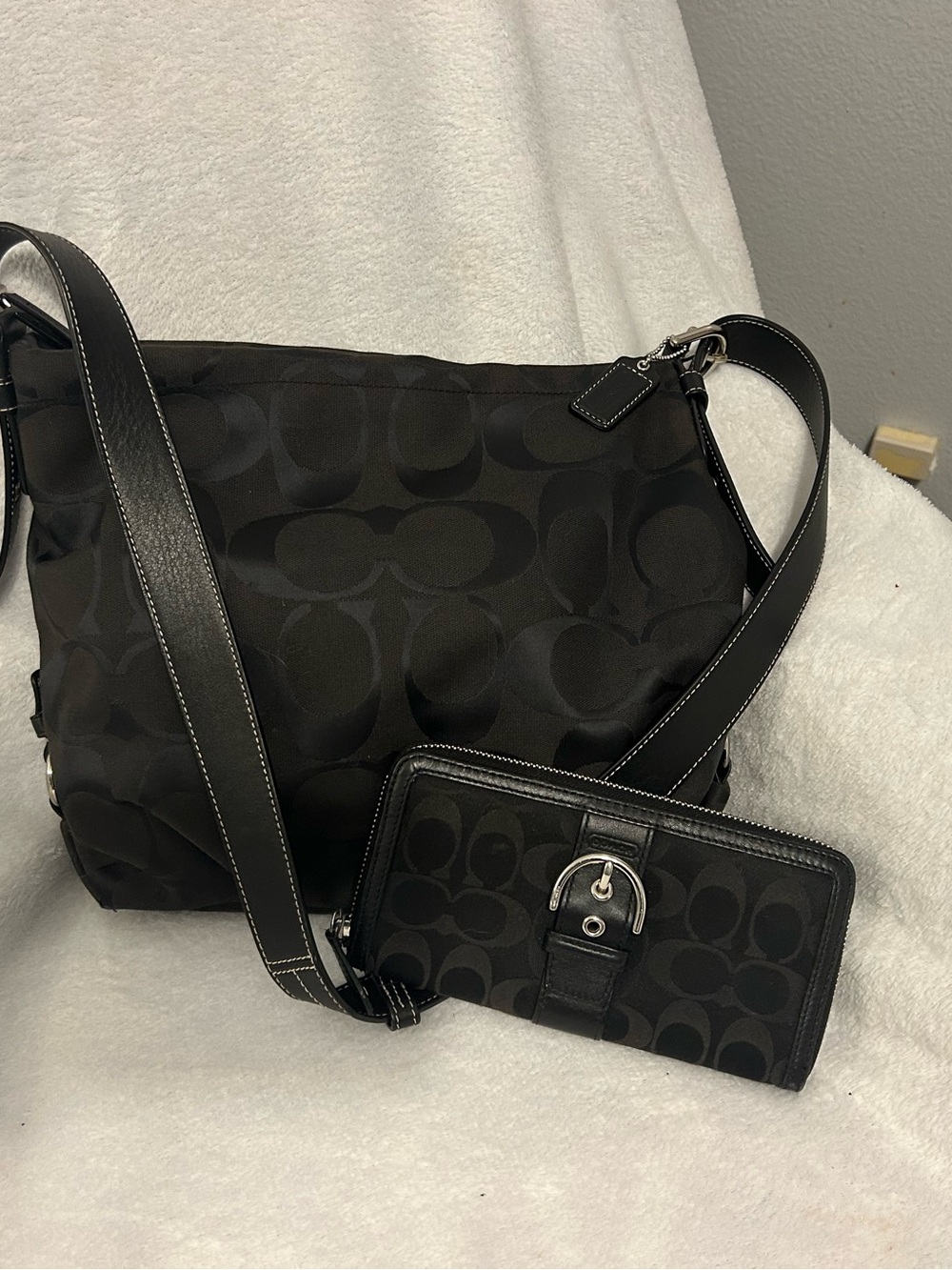 Coach Black Signature Shoulder Bag with Matching Wallet